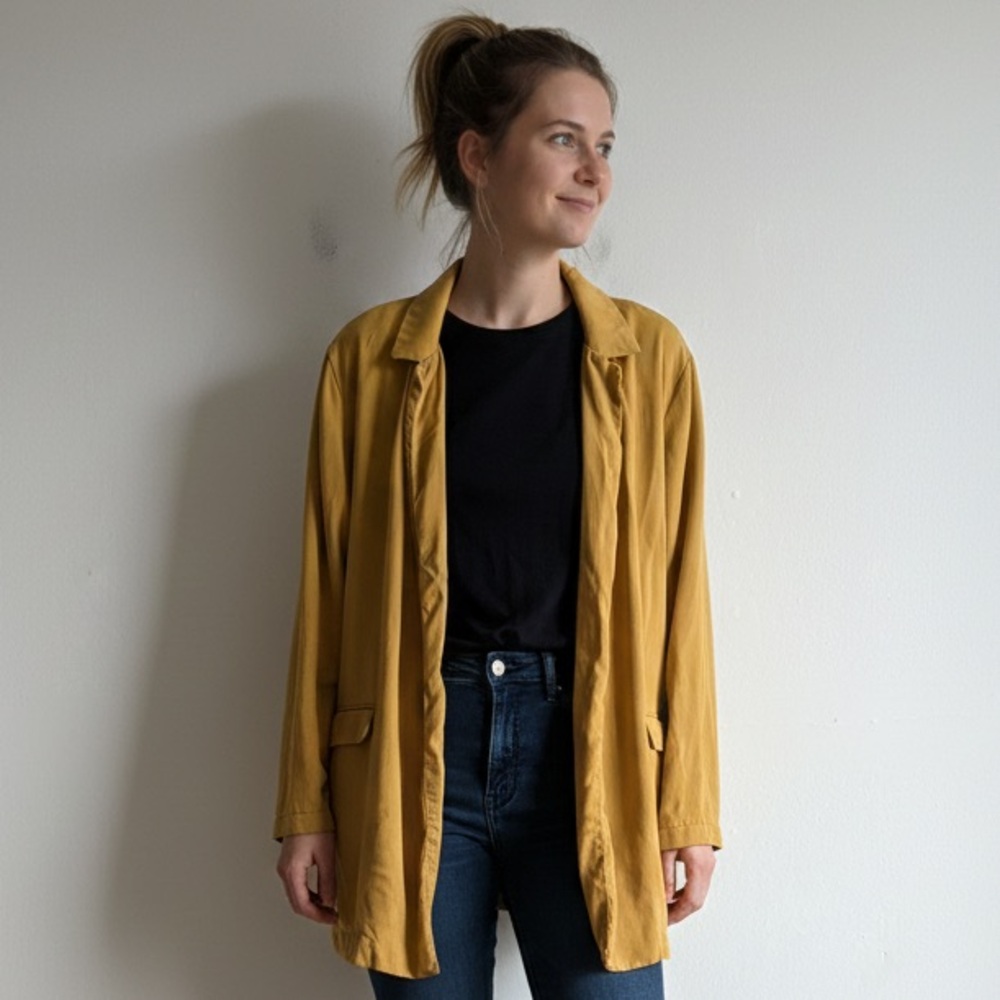 Indi & Cold Sz S Mustard Yellow Relaxed Open Front Light Blazer Jacket